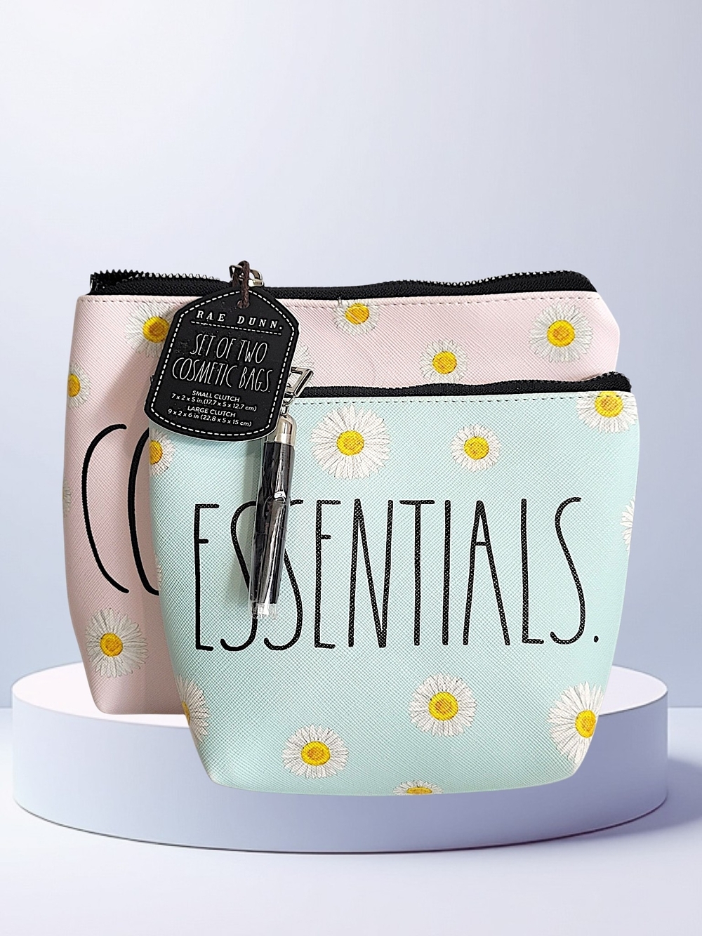 Rae Dunn Pink & Mint Daisy Essentials Cosmetic Bag Set